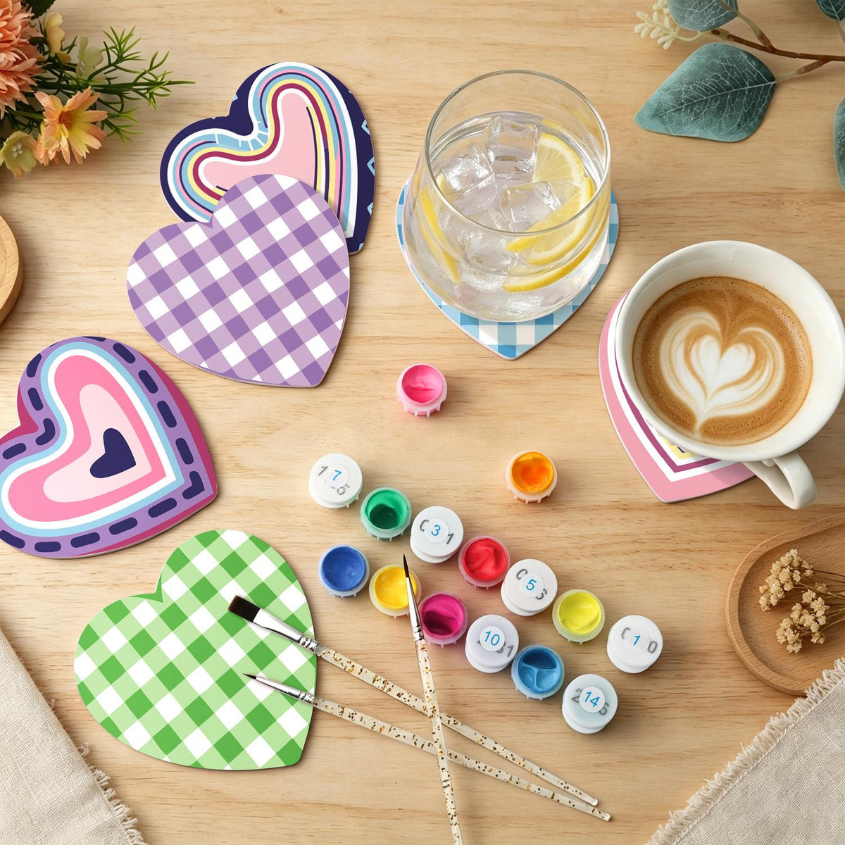 Pastel Gingham and Nested Hearts paint by numbers coasters – image 6