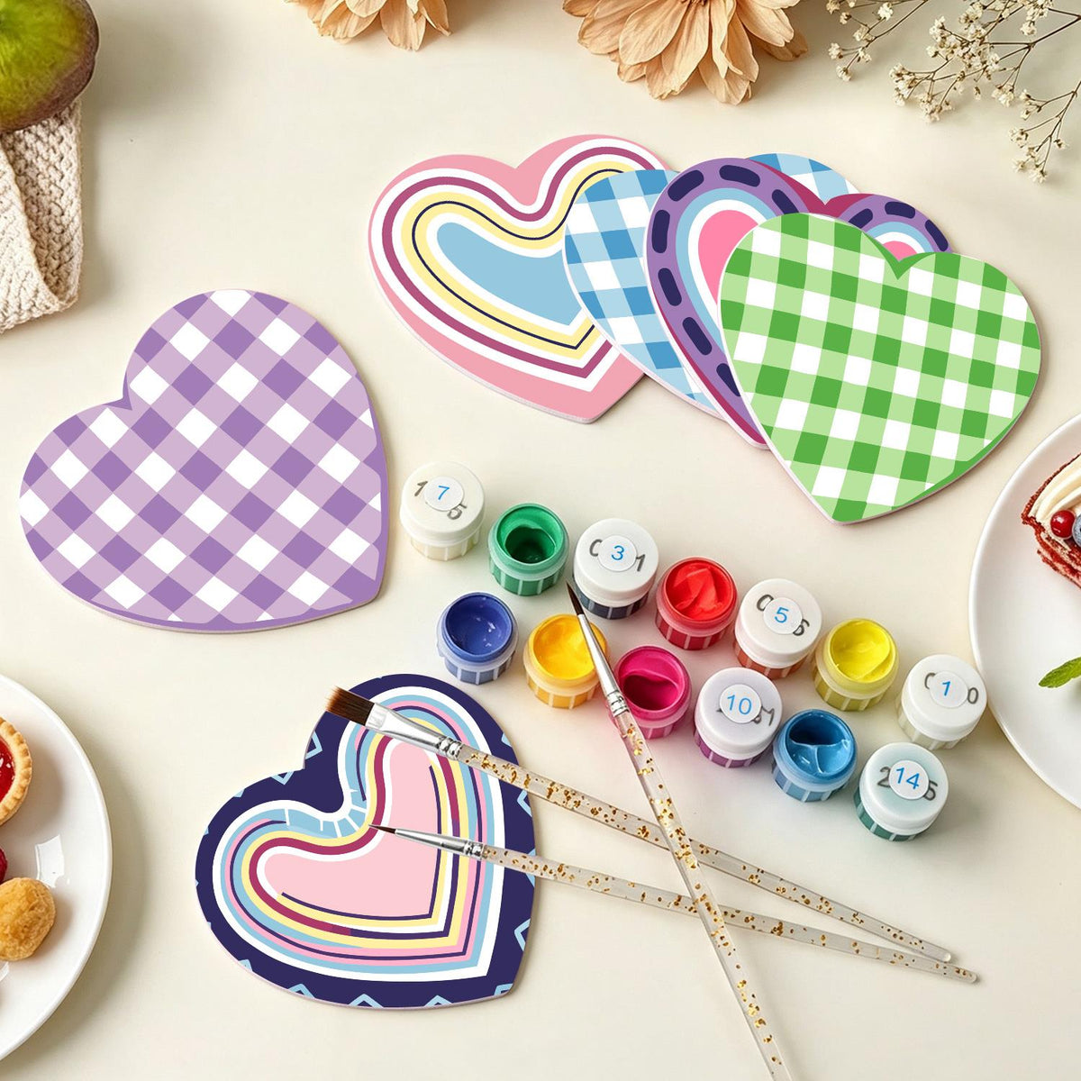 Pastel Gingham and Nested Hearts paint by numbers coasters – image 7