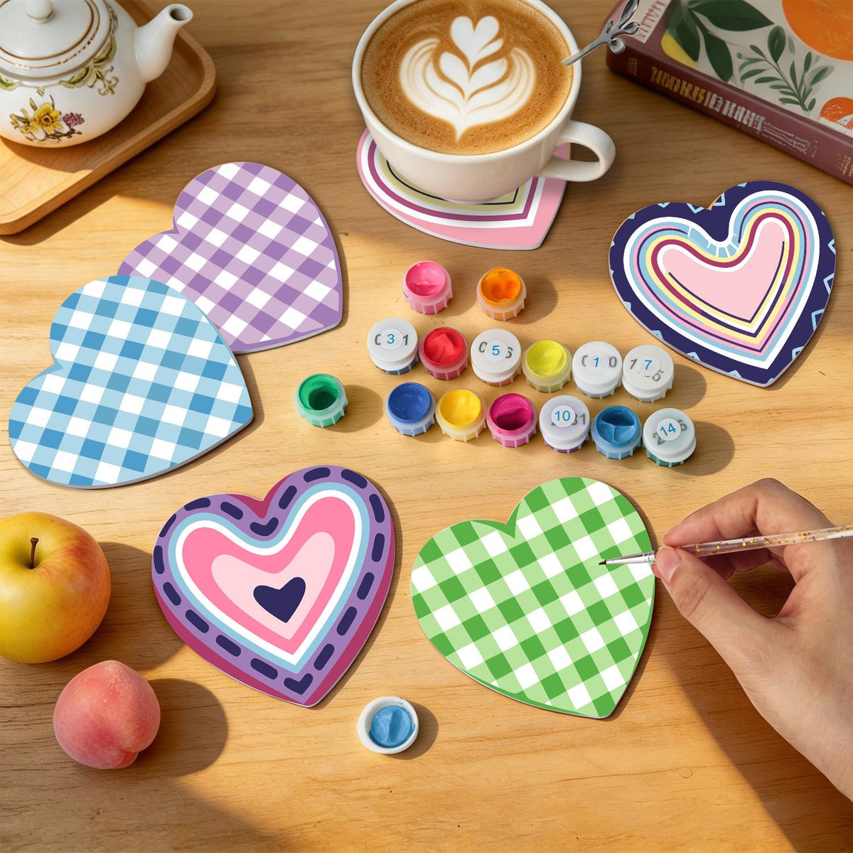 Pastel Gingham and Nested Hearts paint by numbers coasters – image 8