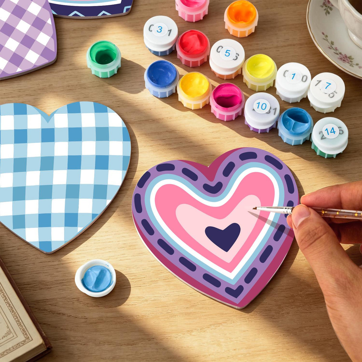 Pastel Gingham and Nested Hearts paint by numbers coasters – image 9