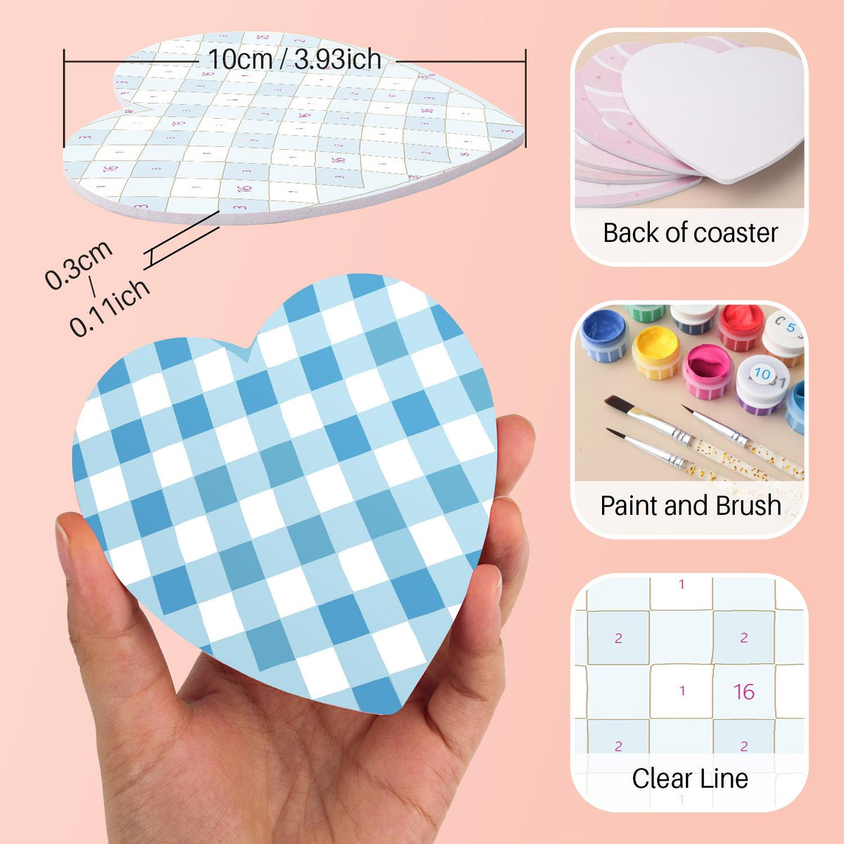 Pastel Gingham and Nested Hearts paint by numbers coasters – image 10