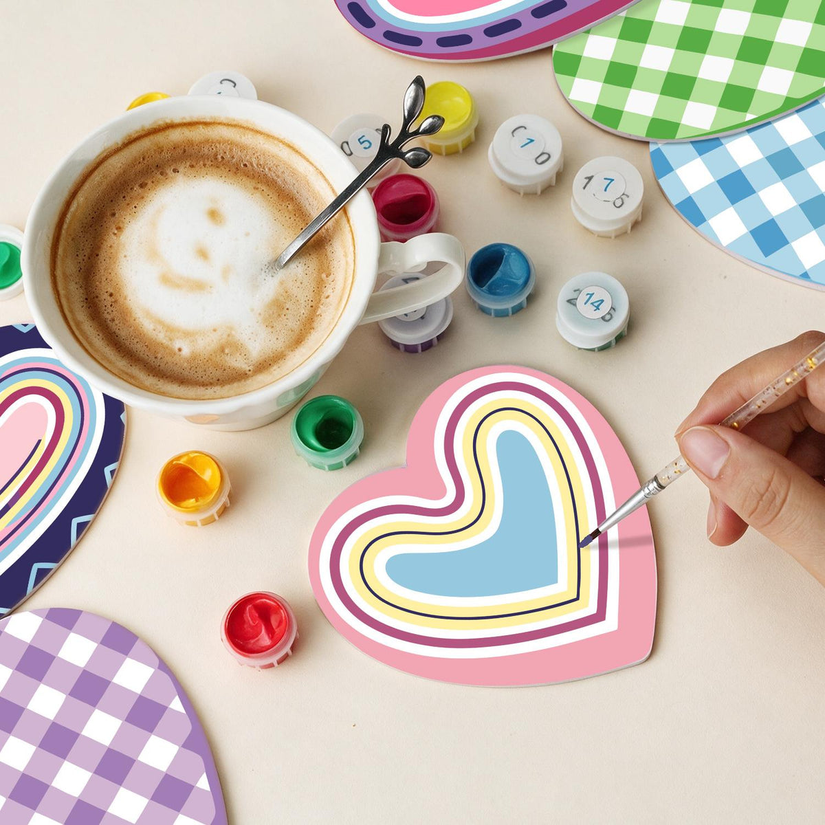 Pastel Gingham and Nested Hearts paint by numbers coasters – image 12