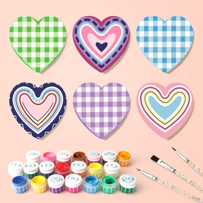 Pastel Gingham and Nested Hearts paint by numbers coasters – what's in the kit: the 6 coasters, numbered paints and brushes