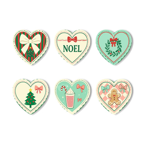 Retro Noel Bows and Gingerbread paint by numbers coasters – Scalloped retro Christmas prints: a striped bow, NOEL lettering, a wreath, a tree, cocoa and a gingerbread man