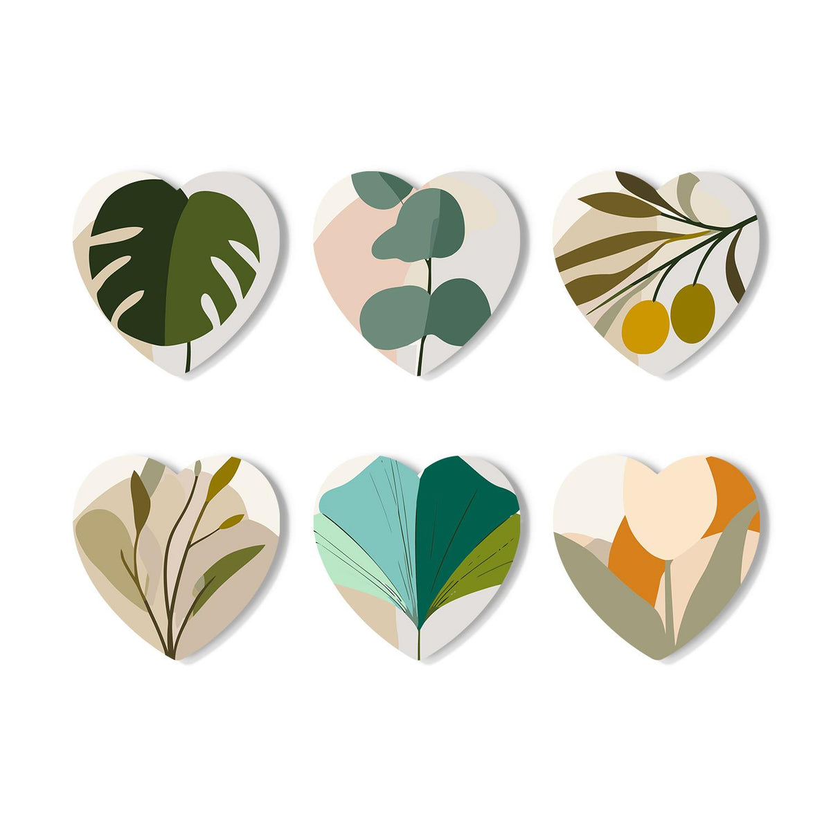 Boho Monstera and Olive Leaves paint by numbers coasters – Earthy boho botanicals: monstera, eucalyptus, an olive branch, grasses, a teal fan leaf and abstract tulips