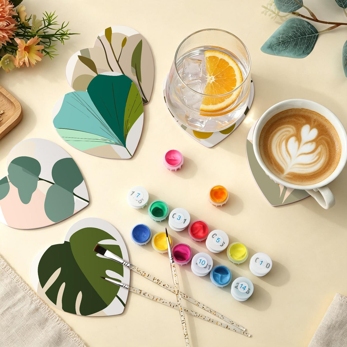 Boho Monstera and Olive Leaves paint by numbers coasters – image 5