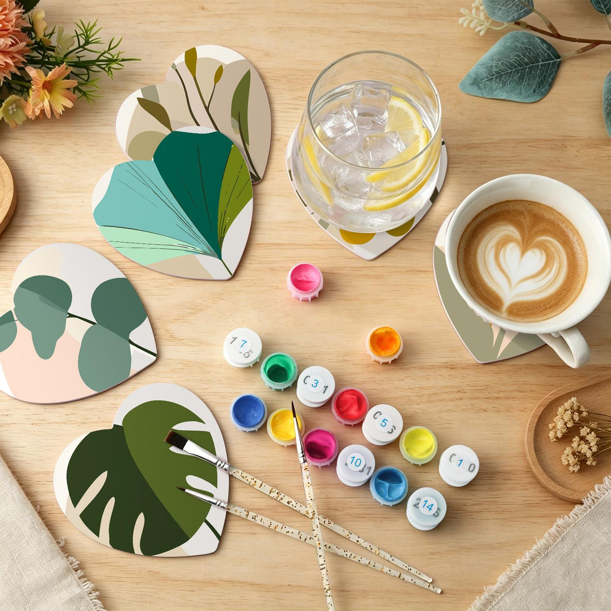 Boho Monstera and Olive Leaves paint by numbers coasters – image 6