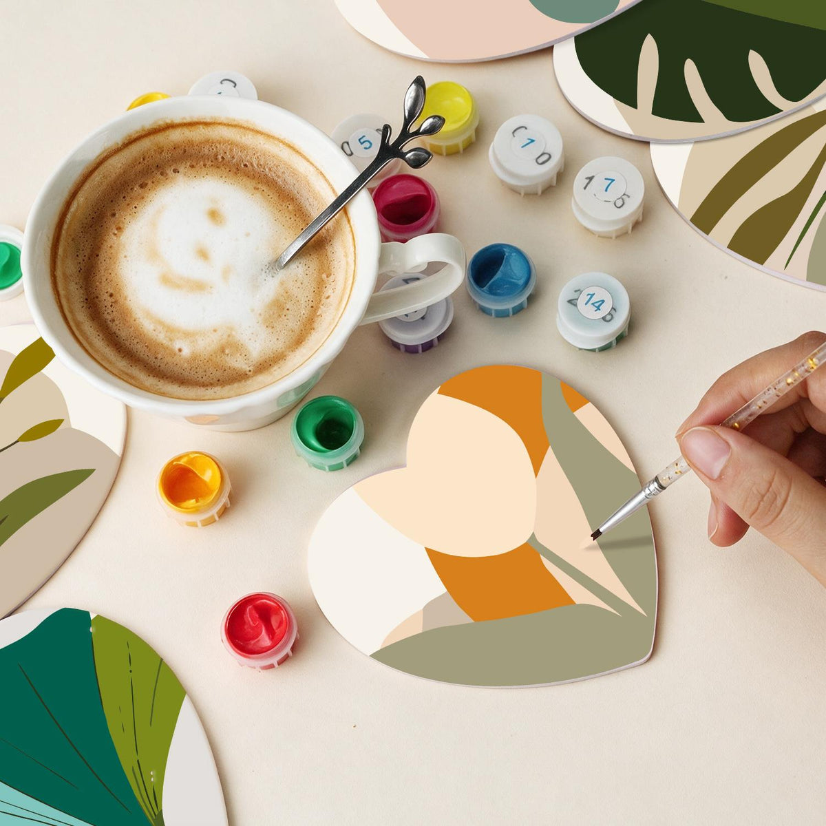 Boho Monstera and Olive Leaves paint by numbers coasters – image 12