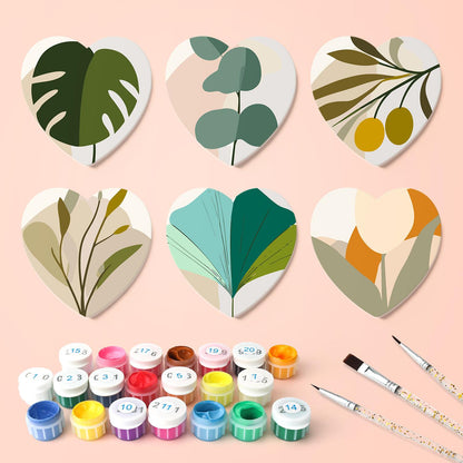 Boho Monstera and Olive Leaves paint by numbers coasters – what's in the kit: the 6 coasters, numbered paints and brushes