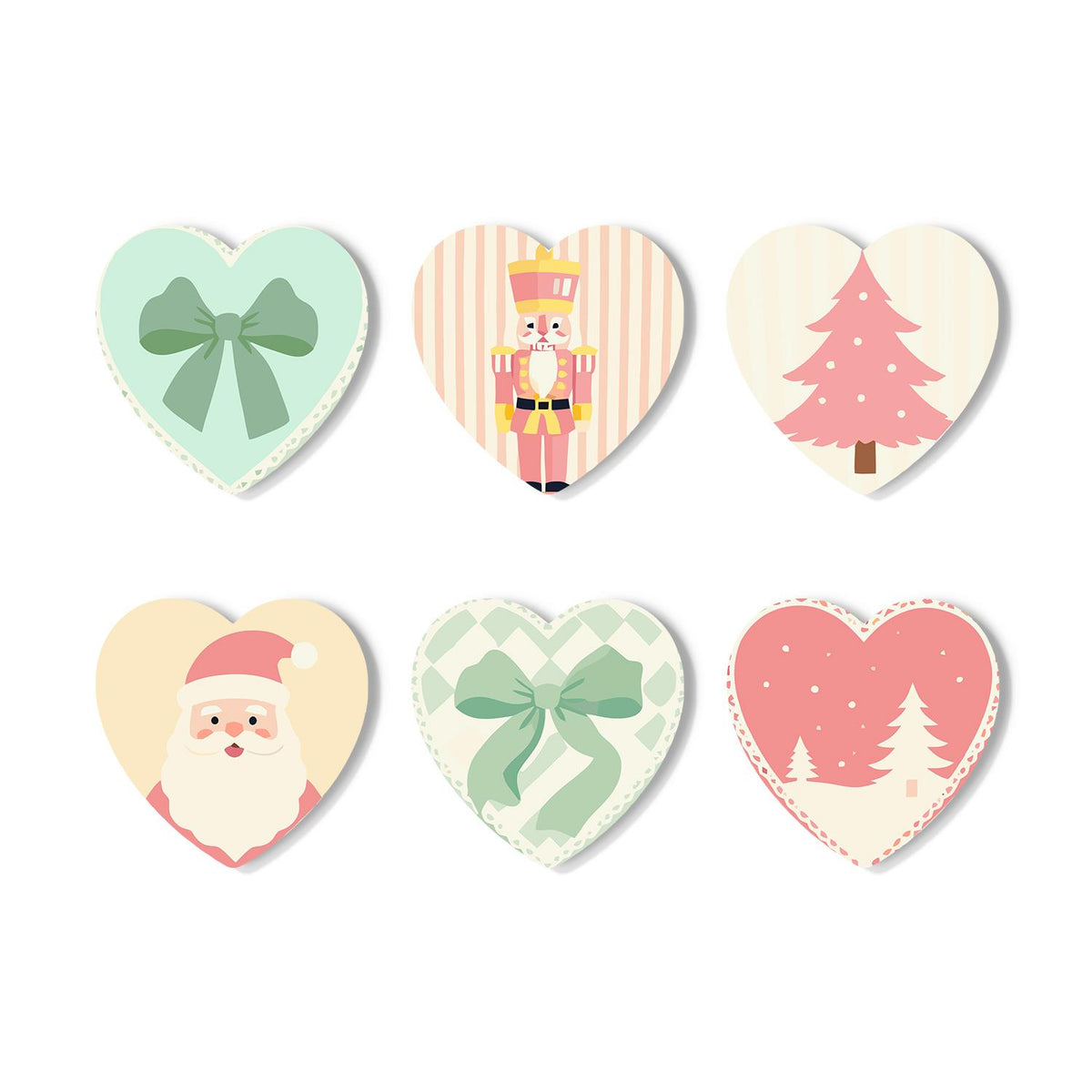 Pastel Pink Nutcracker Christmas paint by numbers coasters – Pastel Christmas: mint bows, a toy nutcracker on pink stripes, pink Christmas trees and a smiling Santa face