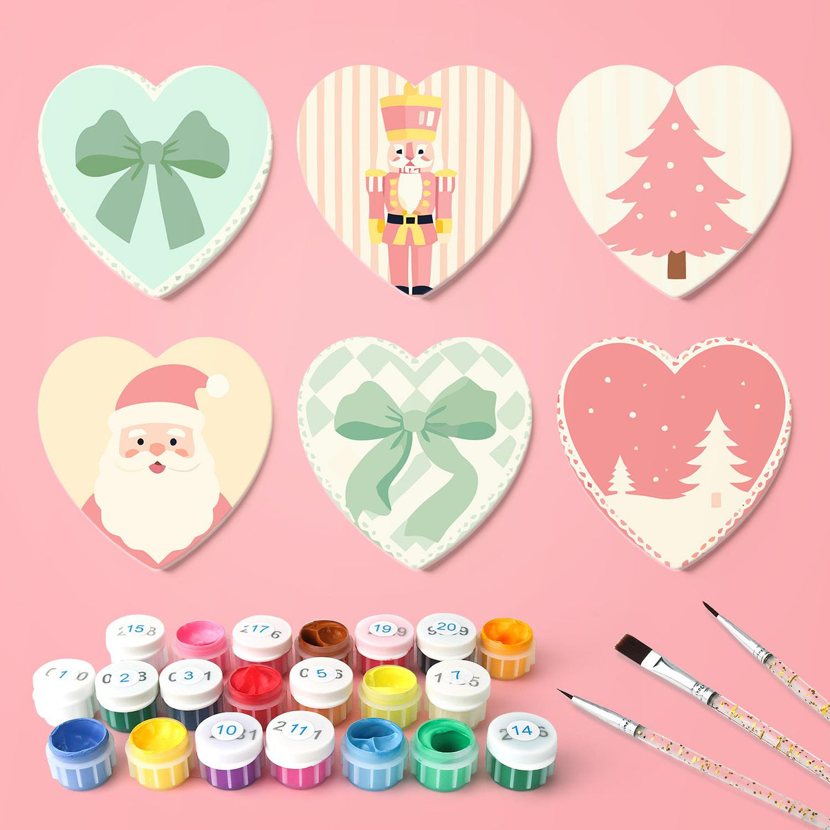 Pastel Pink Nutcracker Christmas paint by numbers coasters – what's in the kit: the 6 coasters, numbered paints and brushes