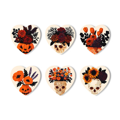 Skull and Pumpkin Bouquets paint by numbers coasters – Dark florals with skulls and jack-o'-lanterns: deep red roses, orange poppies, tulips, lavender and sunflowers