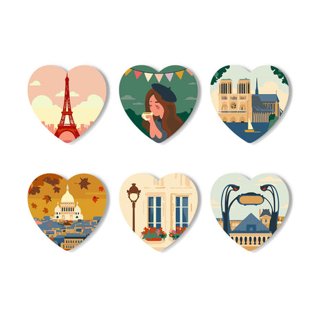 Paris Mornings in a Beret paint by numbers coasters – Paris scenes: Eiffel Tower, a woman in a beret sipping coffee, Notre-Dame, Sacre-Coeur, a street lamp and Metro sign