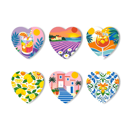 Lavender Fields and Lemonade paint by numbers coasters – Summer scenes: pink lemonade, a lavender field sunset, an orange spritz, lemons, a pink house and blue folk tiles