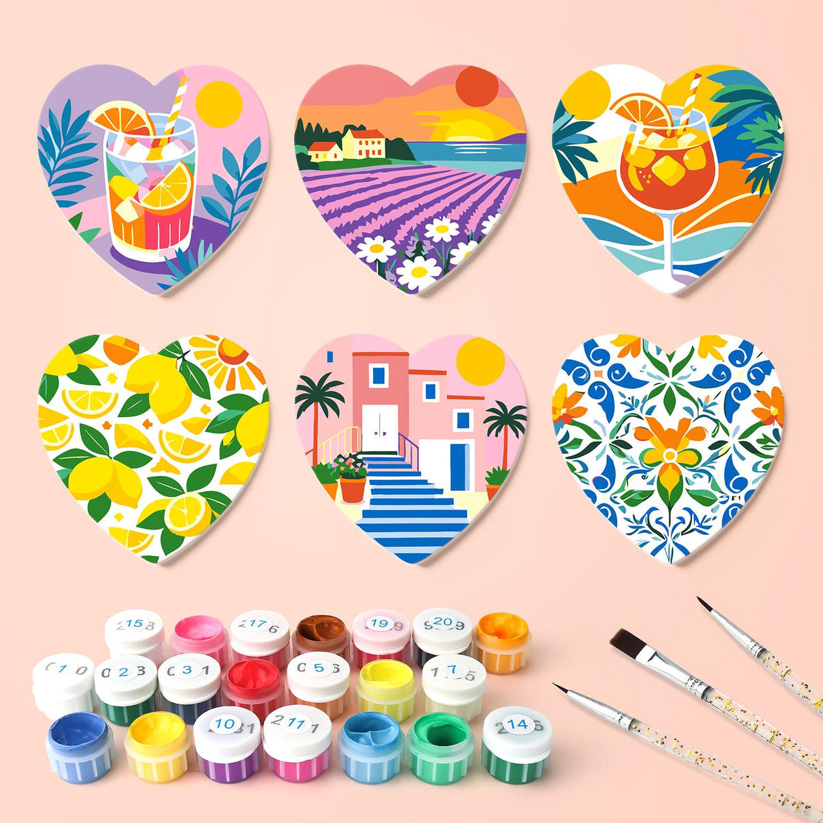 Lavender Fields and Lemonade paint by numbers coasters – what's in the kit: the 6 coasters, numbered paints and brushes