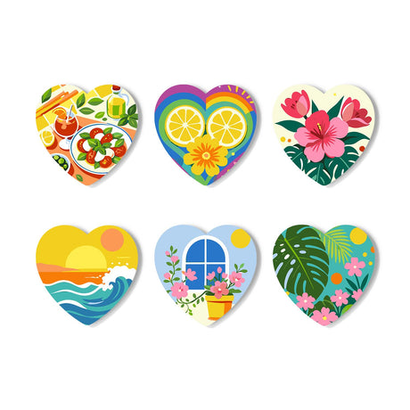 Rainbow Citrus Summer Days paint by numbers coasters – Bright summer art: a caprese lunch, a rainbow lemon, pink hibiscus, a sunset wave, a flowered window, monstera