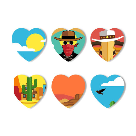Wild West Desert Outlaw paint by numbers coasters – Wild West pop art: a desert sun, a masked cowboy, a horse in a hat, a cactus and adobe, a mesa and a soaring bird