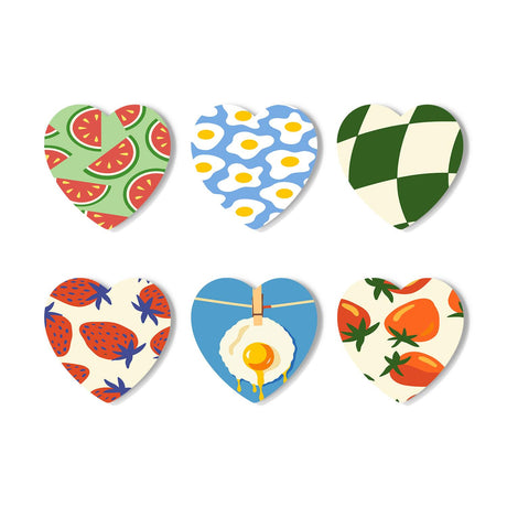 Retro Fruit and Fried Egg Prints paint by numbers coasters – Food patterns: watermelon slices, fried eggs, green checks, strawberries, an egg on a clothesline and oranges