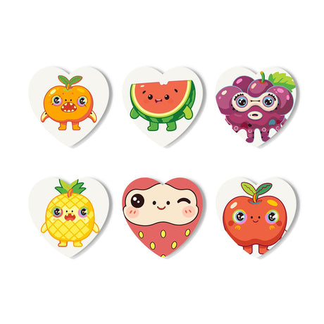 Cheeky Fruit Faces paint by numbers coasters – Big-eyed cartoon fruit: an orange, watermelon, grapes in glasses, a pineapple, a winking strawberry and an apple