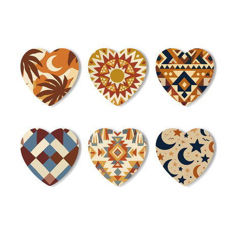 Desert Boho Sun and Moon paint by numbers coasters – Earth-tone boho patterns: palm leaves, a sun mandala, southwestern geometrics, argyle diamonds, moons and stars
