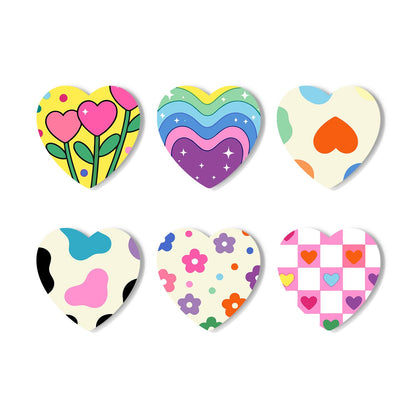Groovy Rainbow Hearts and Daisies paint by numbers coasters – Pop patterns: heart flowers, a rainbow heart, an orange heart, cow print, daisies and a checkerboard of hearts