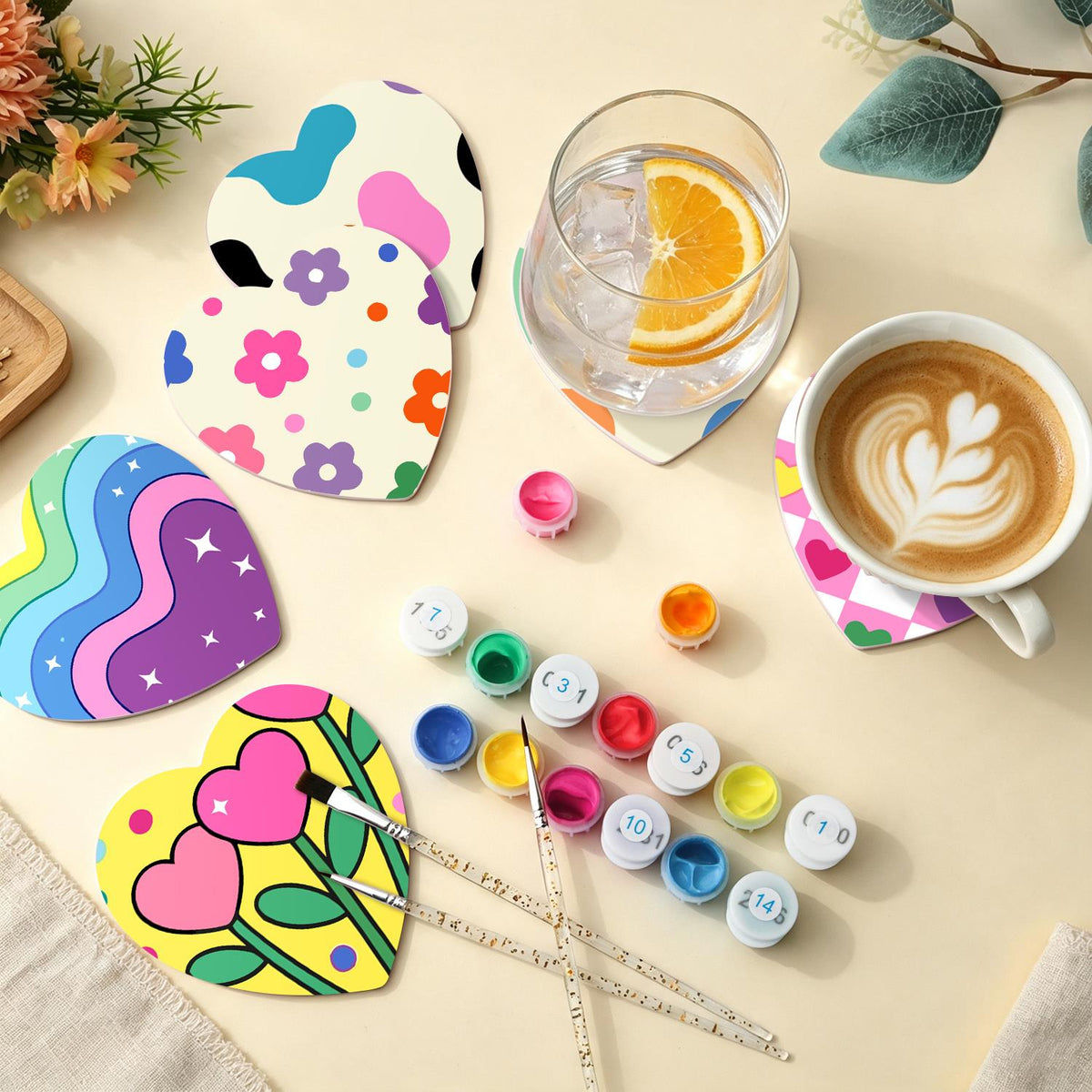Groovy Rainbow Hearts and Daisies paint by numbers coasters – image 5