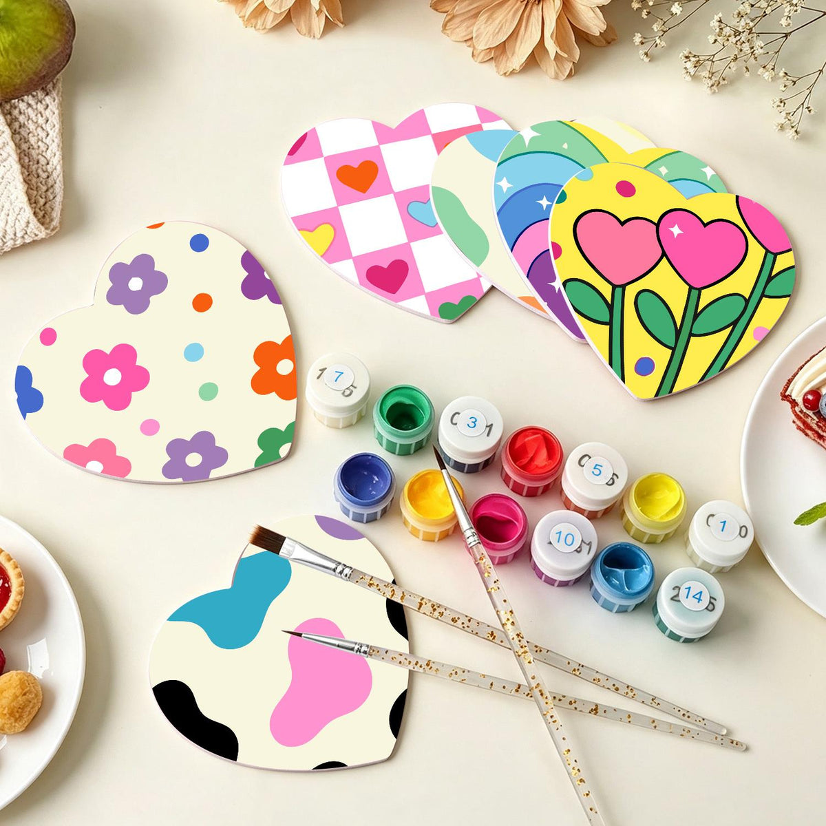 Groovy Rainbow Hearts and Daisies paint by numbers coasters – image 7