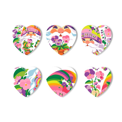 Rainbow Garden Gnomes paint by numbers coasters – Garden gnomes with pansies and lavender, plus rainbow arcs twined with pink and purple flowers