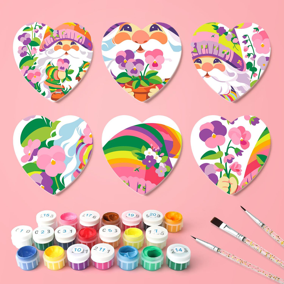 Rainbow Garden Gnomes paint by numbers coasters – what's in the kit: the 6 coasters, numbered paints and brushes