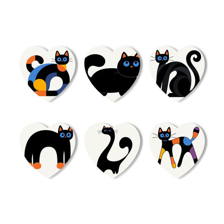Mid-Century Black Cat Poses paint by numbers coasters – Stylized black cats with blue eyes: curled, lounging, arched and stretching, some with orange and blue color patches