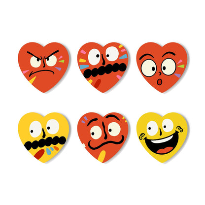 Grumpy and Giggly Faces paint by numbers coasters – Cartoon faces on red and yellow: angry, gritted teeth, surprised, mustached and laughing out loud
