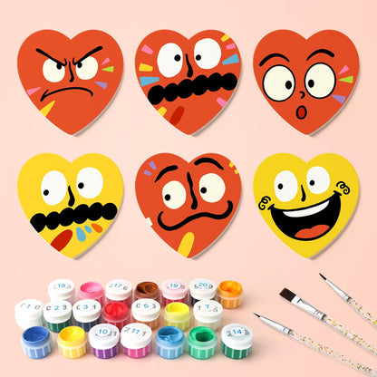Grumpy and Giggly Faces paint by numbers coasters – what's in the kit: the 6 coasters, numbered paints and brushes