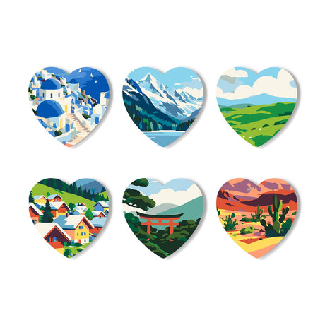 Snowy Peaks and Desert Canyons paint by numbers coasters – Landscapes: a blue-domed town, snowy peaks and lake, green hills, an alpine village, a torii gate, desert cacti