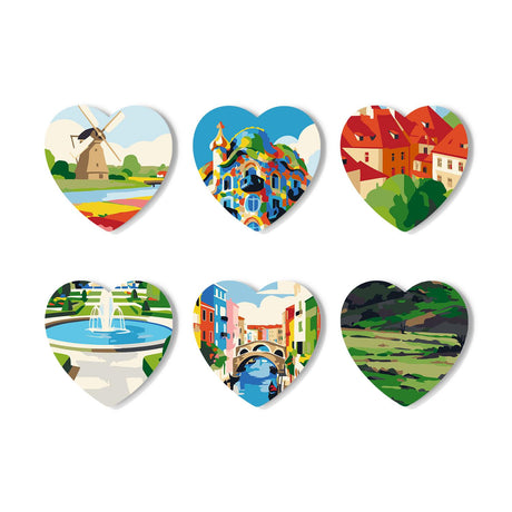 European Canals and Windmills paint by numbers coasters – European views: a tulip-field windmill, a mosaic house, red roofs, a garden fountain, a canal bridge and green hills