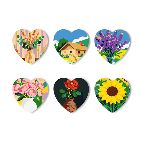 Countryside Cottage Bouquets paint by numbers coasters – Painted bouquets: dried wheat in a vase, a country cottage, lavender, pink roses, a potted red rose and a sunflower