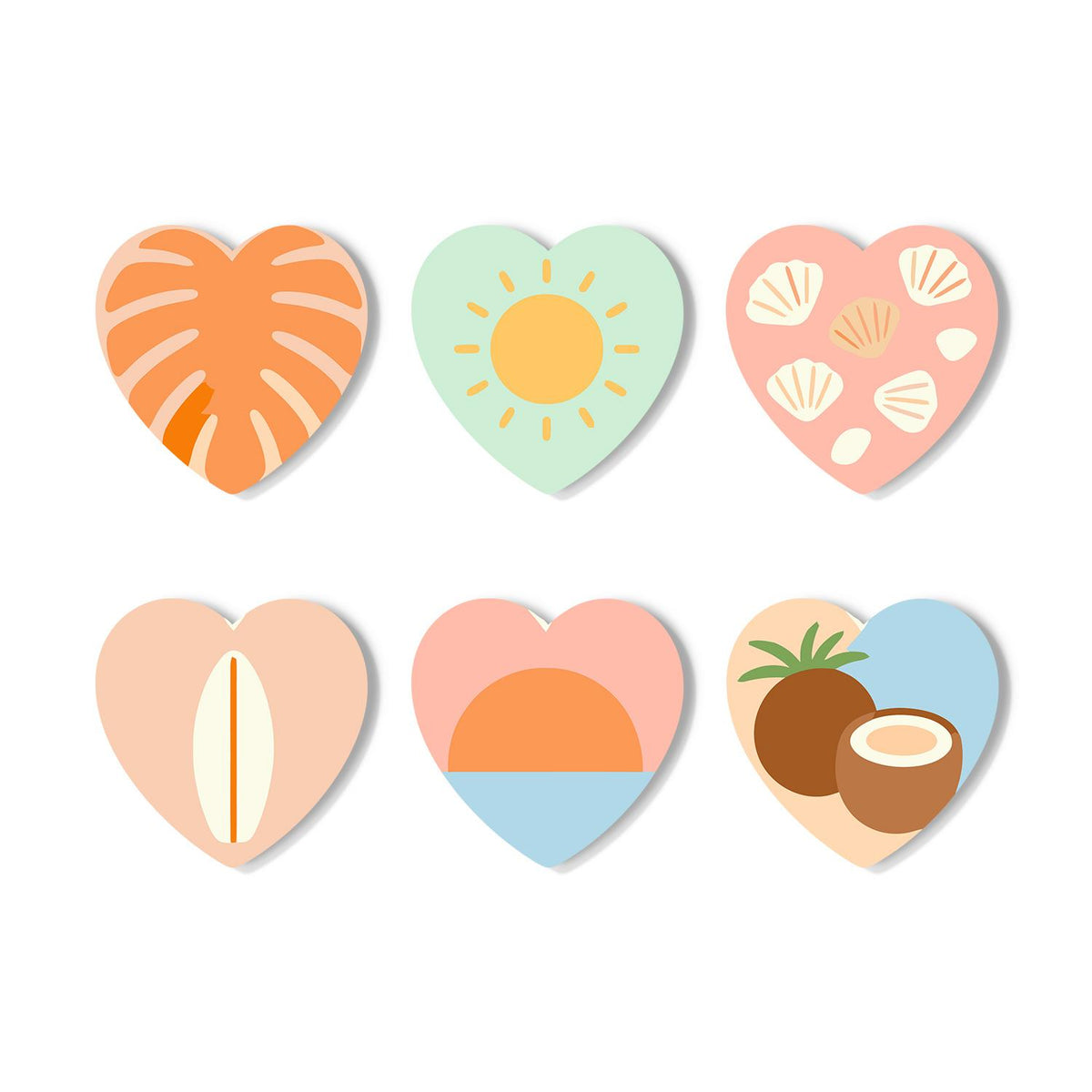Boho Beach Sun and Coconuts paint by numbers coasters – Minimal peach and mint beach art: a monstera leaf, the sun, seashells, a cowrie shell, a sea sunset and coconuts