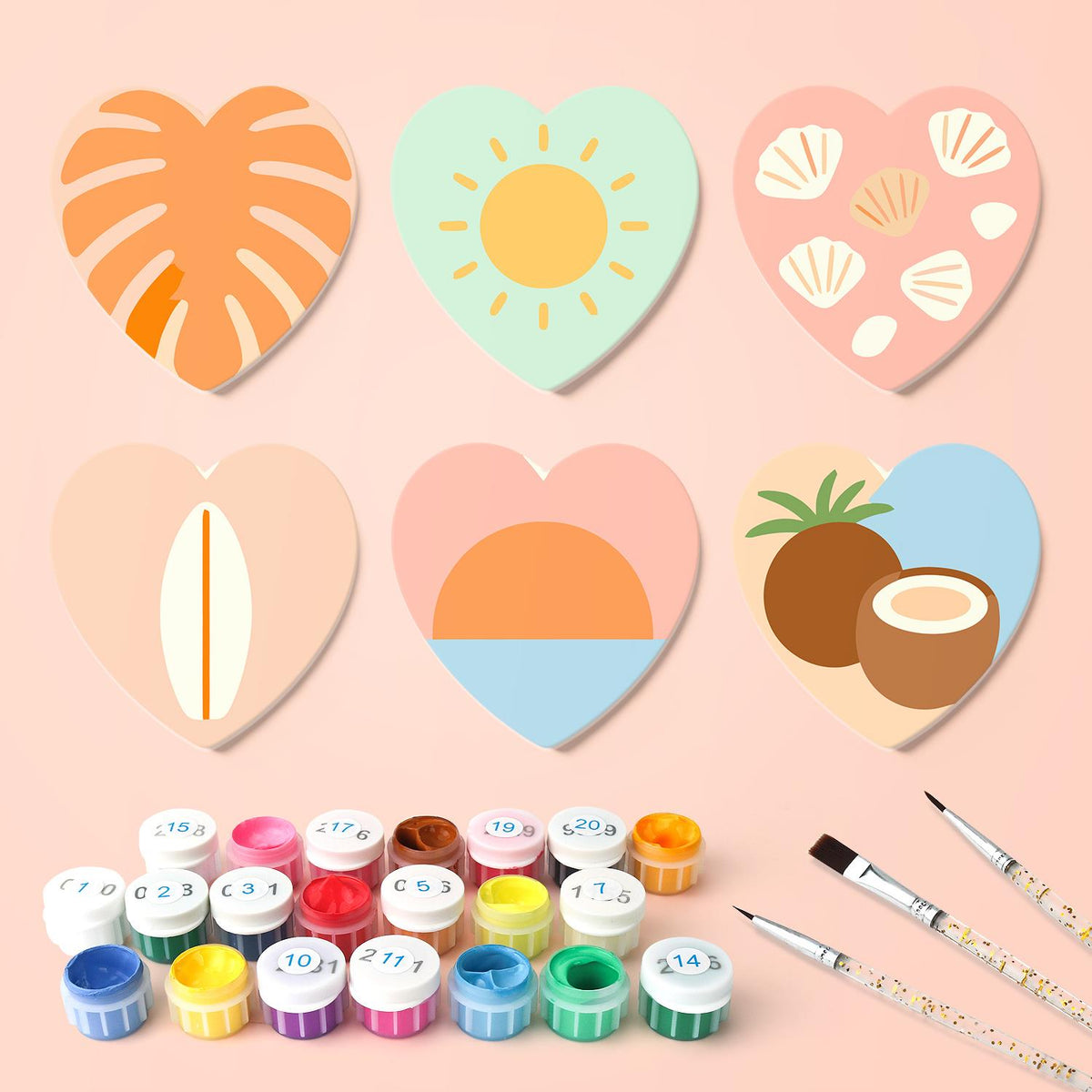 Boho Beach Sun and Coconuts paint by numbers coasters – what's in the kit: the 6 coasters, numbered paints and brushes
