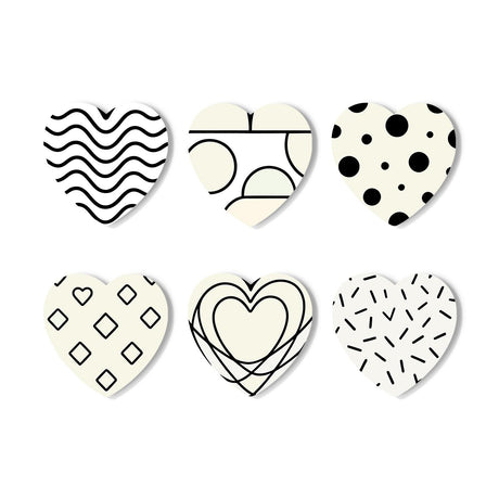 Monochrome Line Art Patterns paint by numbers coasters – Black-on-cream line patterns: wavy stripes, abstract arcs, polka dots, tiny diamonds, a nested heart and sprinkles