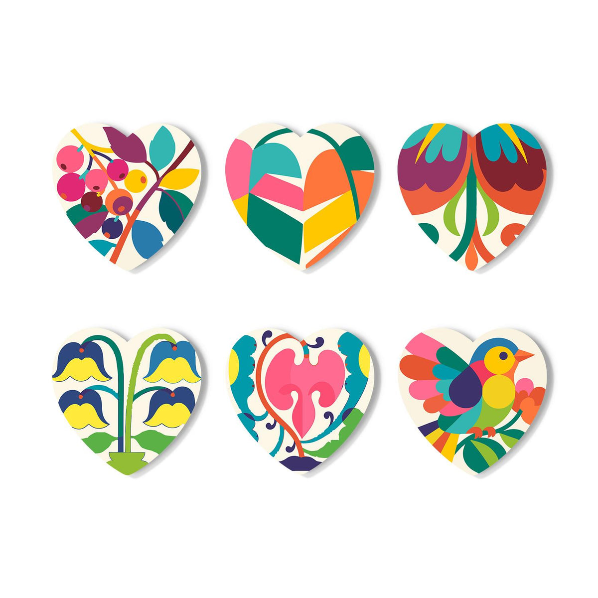 Folk Art Bird and Bellflowers paint by numbers coasters – Folk-art florals: berries and leaves, geometric petals, a tulip, yellow bellflowers, a pink bloom and a bright bird