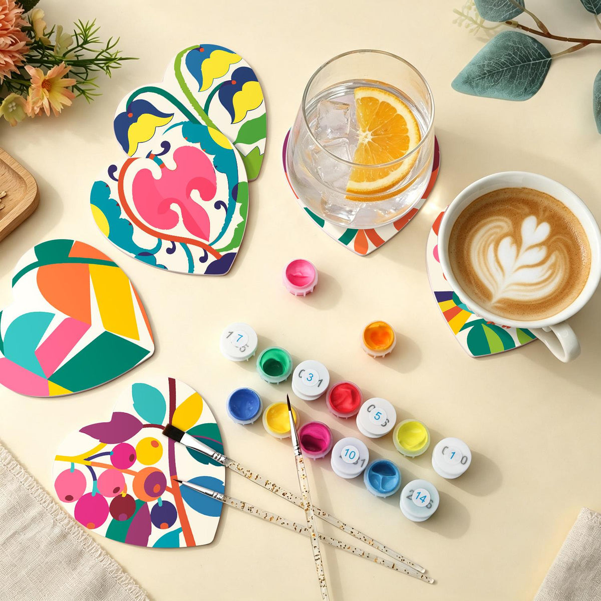 Folk Art Bird and Bellflowers paint by numbers coasters – image 5