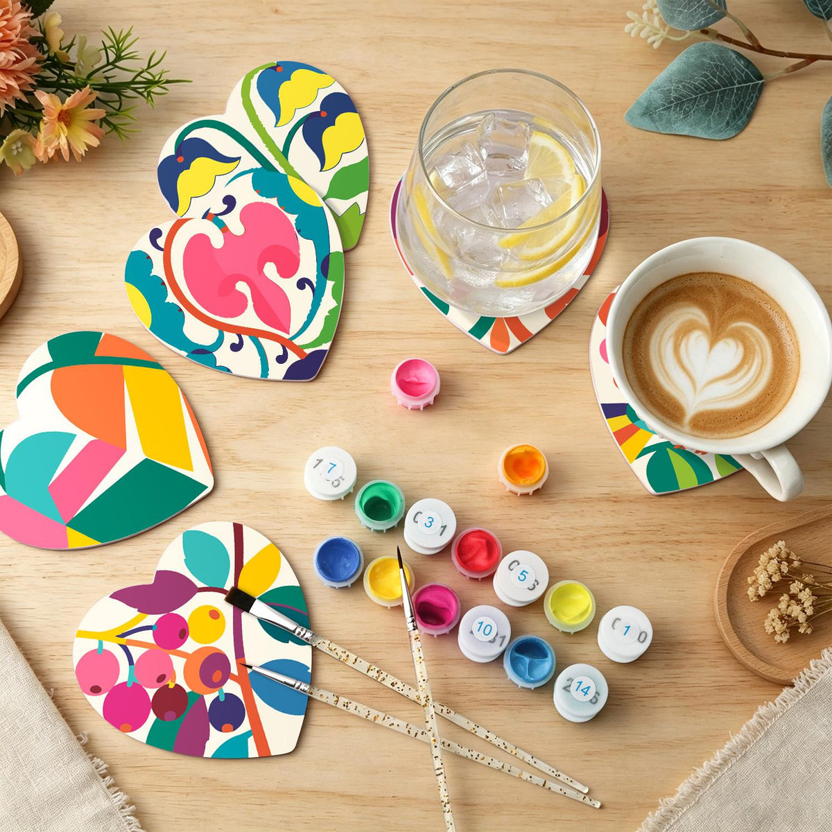 Folk Art Bird and Bellflowers paint by numbers coasters – image 6