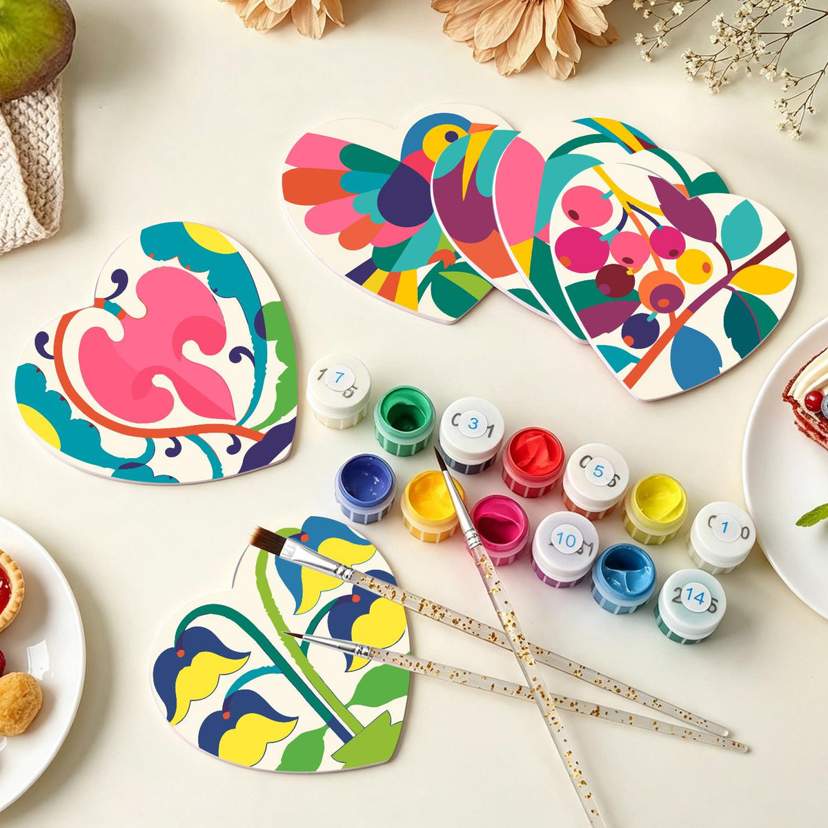 Folk Art Bird and Bellflowers paint by numbers coasters – image 7