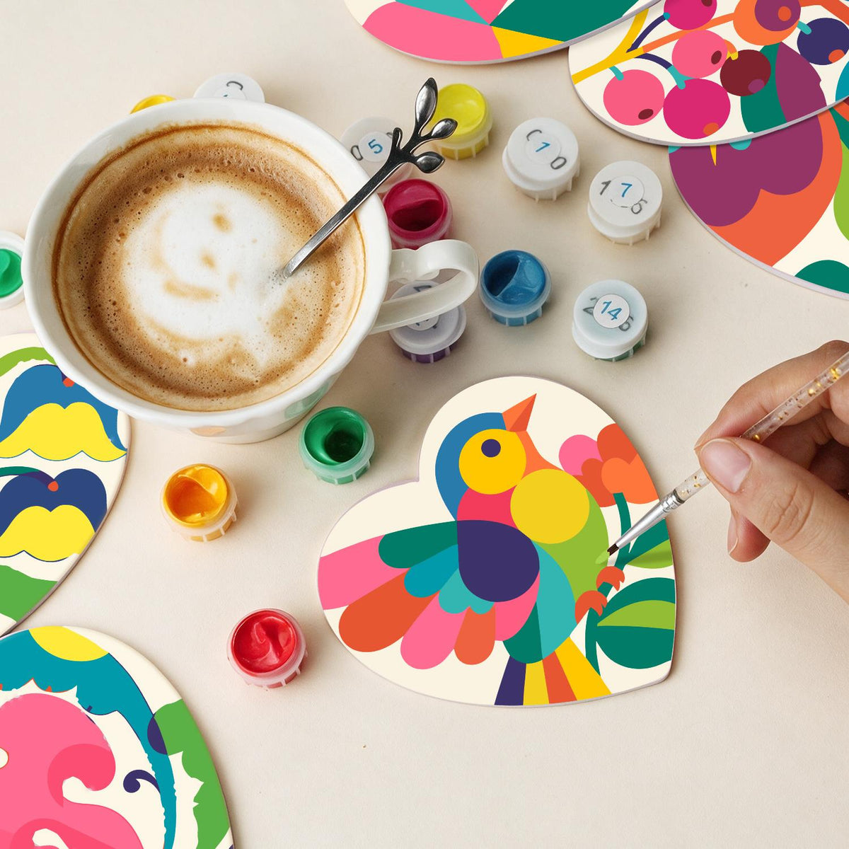 Folk Art Bird and Bellflowers paint by numbers coasters – image 12