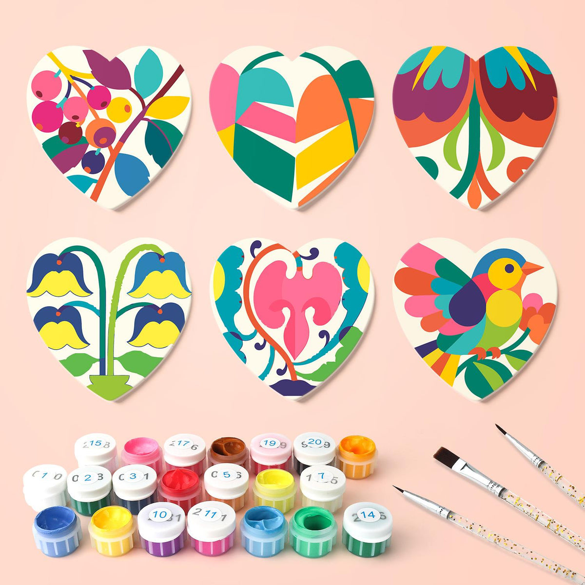 Folk Art Bird and Bellflowers paint by numbers coasters – what's in the kit: the 6 coasters, numbered paints and brushes