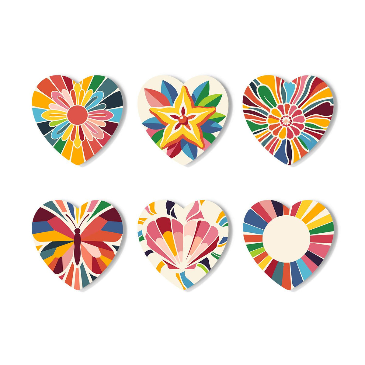 Kaleidoscope Butterfly and Star paint by numbers coasters – Rainbow geometric designs: a flower mandala, a star, a sunburst, a butterfly, a fan-shaped shell and a ring of rays