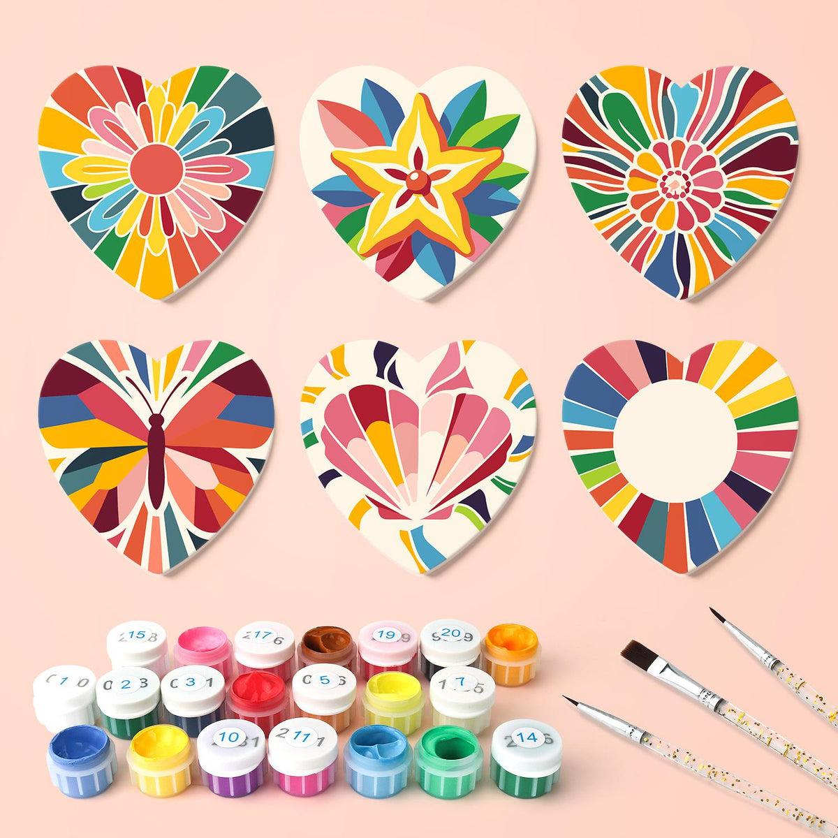Kaleidoscope Butterfly and Star paint by numbers coasters – what's in the kit: the 6 coasters, numbered paints and brushes
