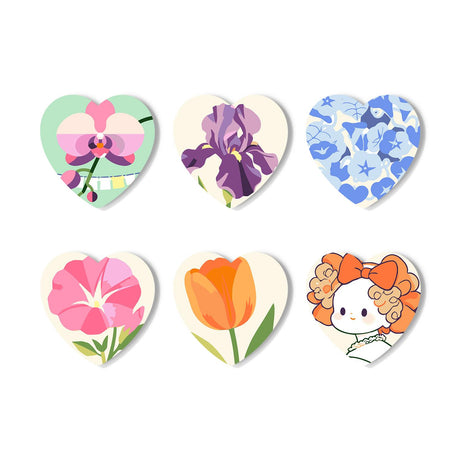 Pastel Iris and Tulip Garden paint by numbers coasters – Pastel spring florals: a pink orchid, a purple iris, blue blossoms, a pink bloom, an orange tulip and a cartoon kitty