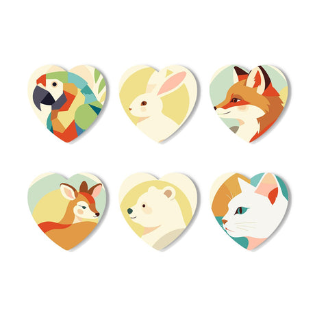 Pastel Fox and Parrot Portraits paint by numbers coasters – Soft geometric animal portraits in pastels: a parrot, a white rabbit, a fox, a fawn, a polar bear and a white cat