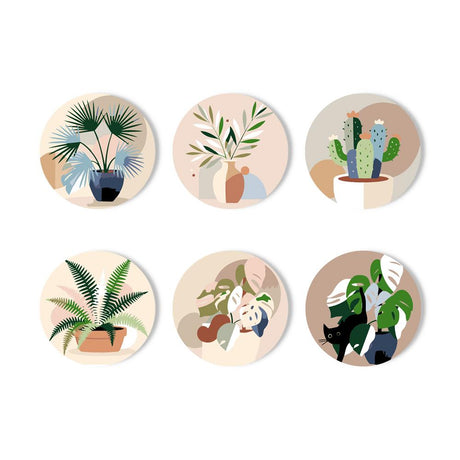 Houseplants and a Black Cat paint by numbers coasters – Potted palm, olive sprigs in a vase, cactus, fern, leafy trailing plant and a black cat by a monstera on beige