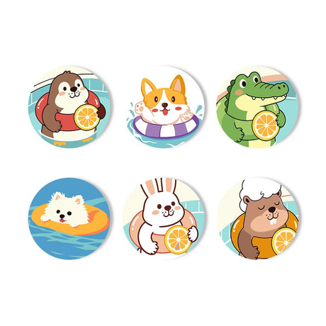 Poolside Citrus Critters paint by numbers coasters – Cartoon otter, corgi, crocodile, fluffy puppy, bunny and a brown critter floating in pools with orange slices